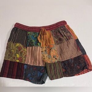 Patchwork Rustic Colors Mushroom Shorts Med Lightweight Hippie Pull-on w/Pockets